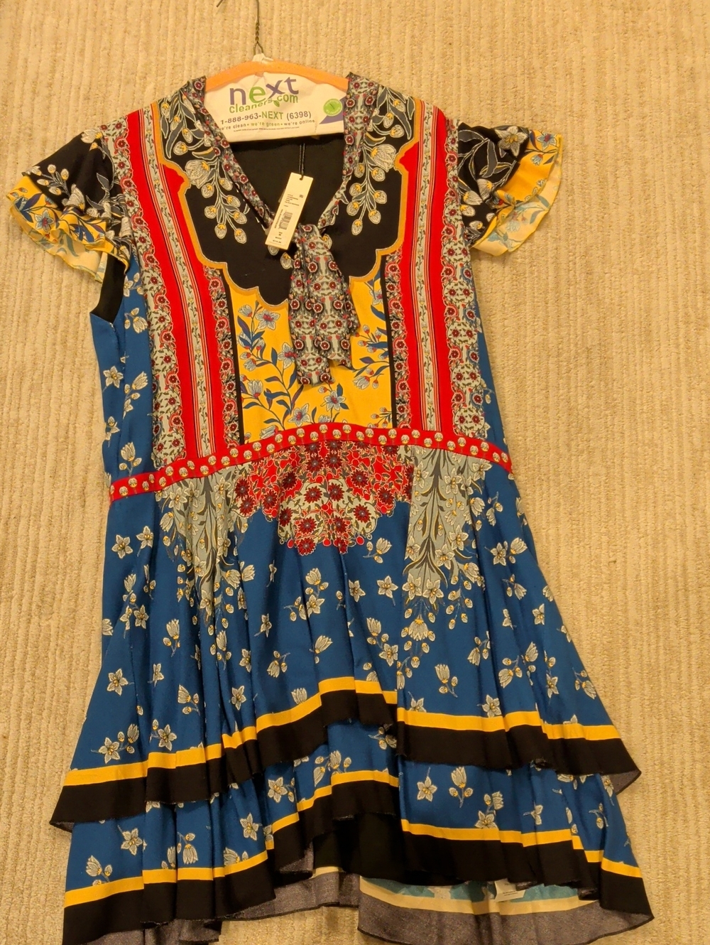 Alice + Olivia NWT Floral Tie-Neck Dress with Yellow, Red and Black Accents